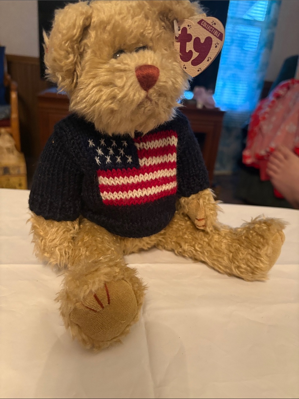 Ty Plush Bear in Navy Sweater with American Flag